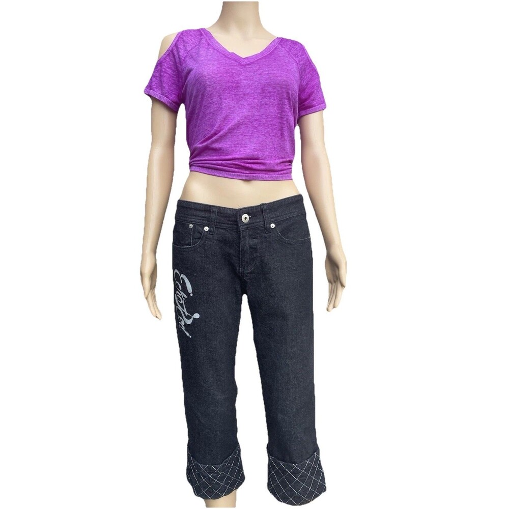 7 Vintage Ecko Unlimited Women Capri Jeans Black Denim Embroidered Y2K Hip Hop